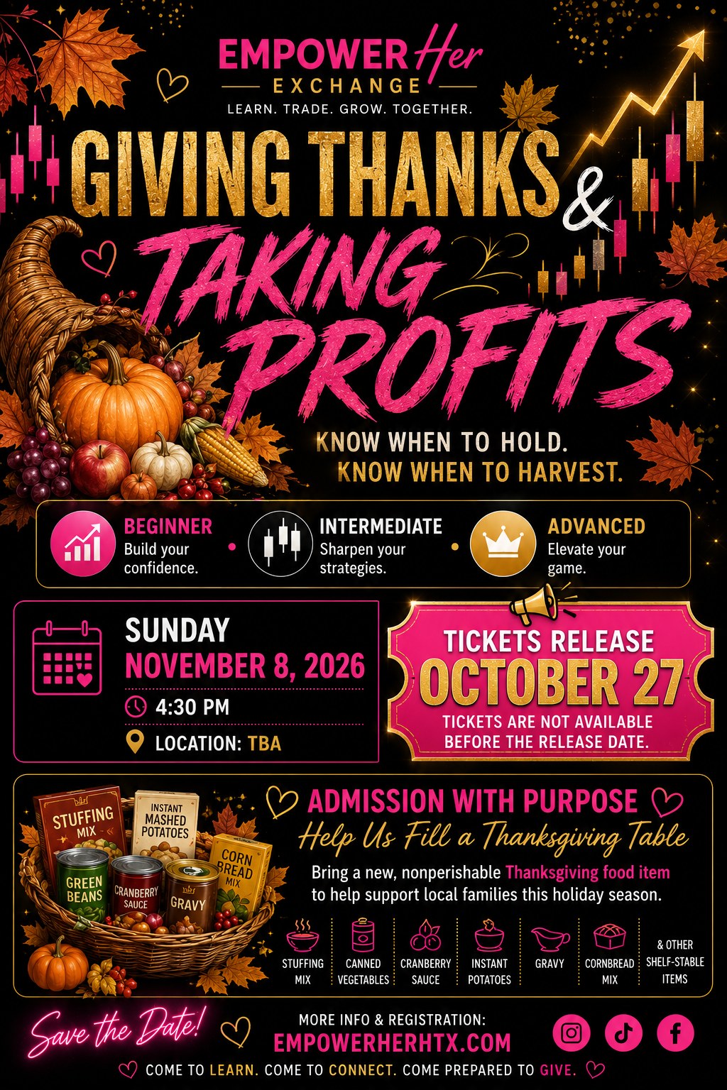 Giving Thanks & Taking Profits flyer — Sunday, November 8, 2026, tickets release October 27