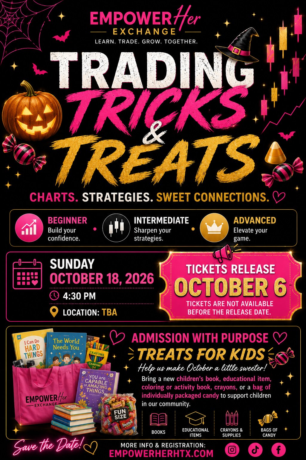 Trading Tricks & Treats flyer — Sunday, October 18, 2026, tickets release October 6